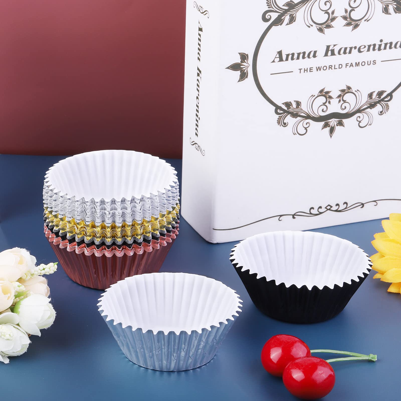 Uratot 100 Pieces Foil Metallic Cupcake Liners Muffin Wrappers Foil Baking Cups Muffin Paper Cases, Rose Gold